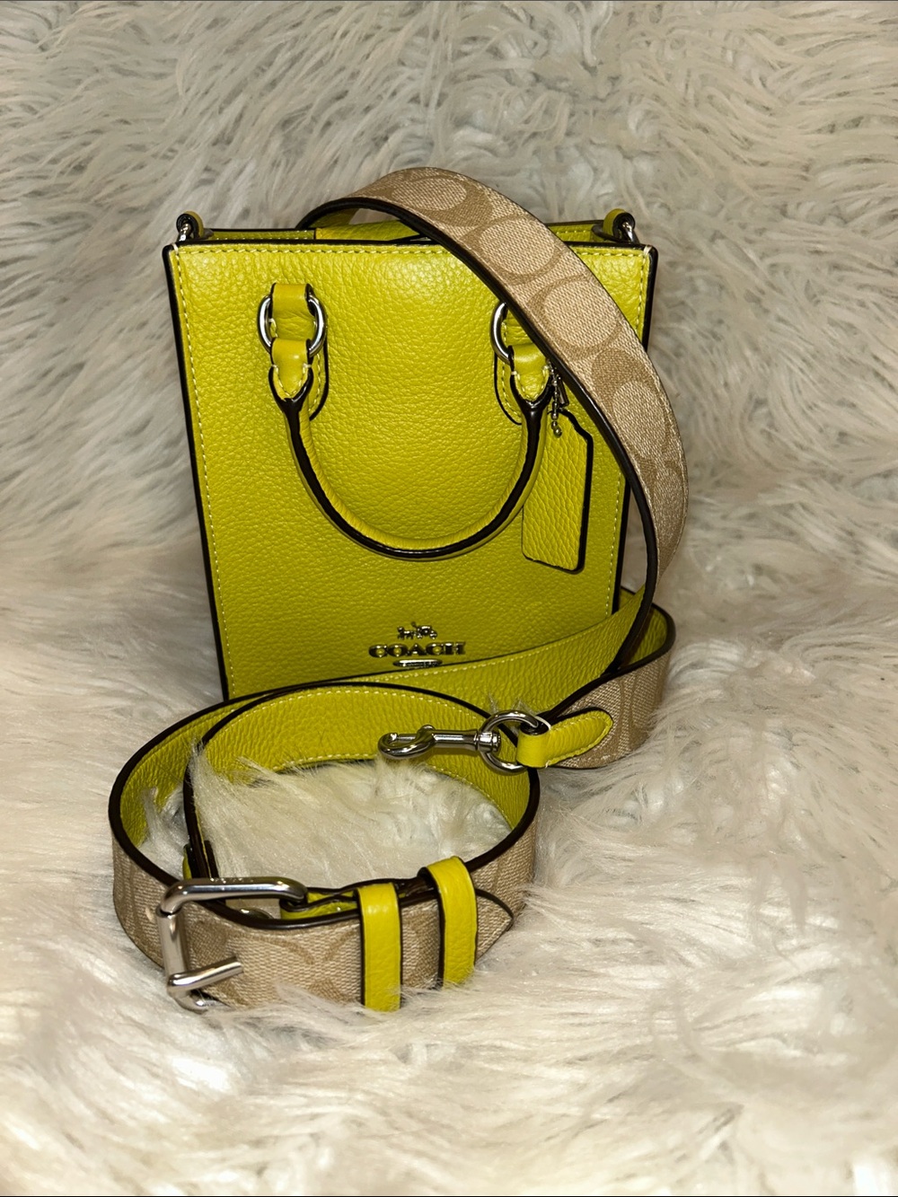 Coach Crossbody North South Mini Tote in Lime/Beige with Signature Strap